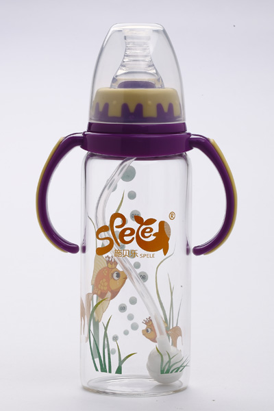 施貝樂紫色標(biāo)口弧形帶柄玻璃奶瓶180ml