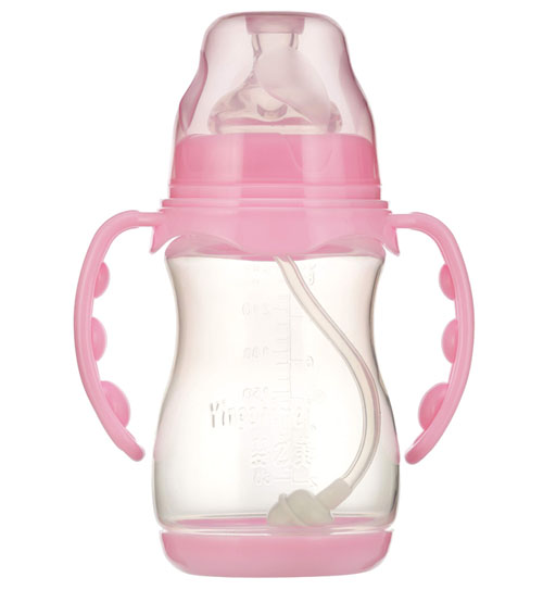 嬰之美寬口雙耳自動(dòng)圓弧PP奶瓶帶底240ML粉色