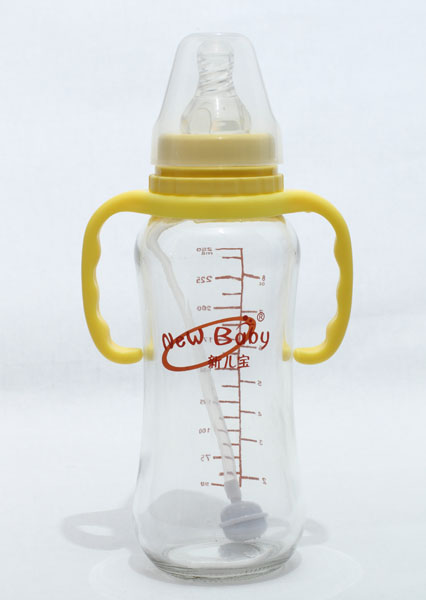 新兒寶標口250ml圓弧雙耳帶吸管玻璃奶瓶