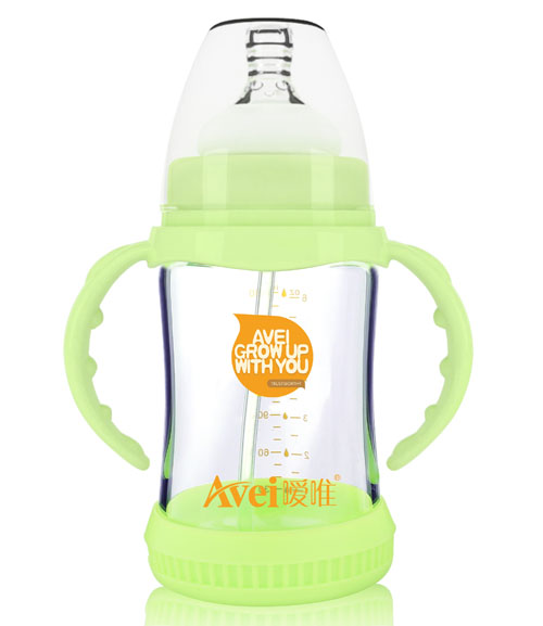 噯唯寬口徑帶柄自動(dòng)高硼硅玻璃奶瓶(180ml)(帶安全硅膠套)1