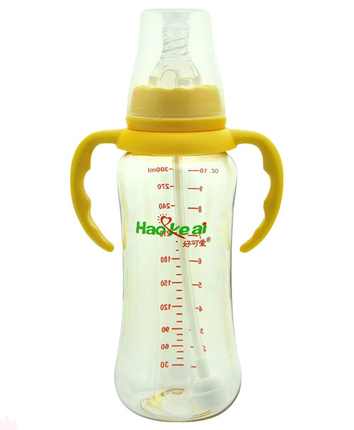 好可愛(ài)標(biāo)口自動(dòng)吸管弧形奶瓶300ml