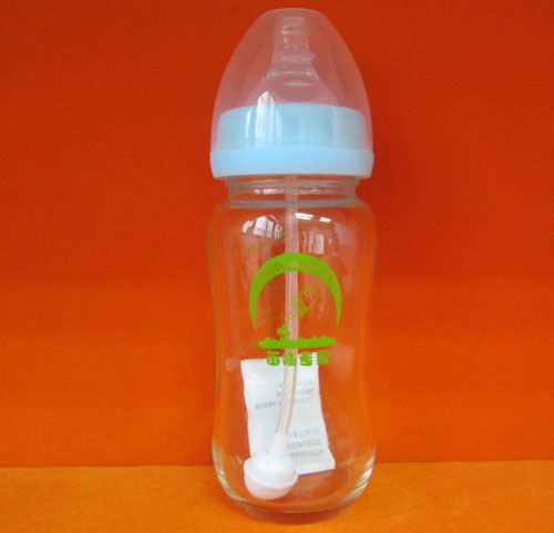 苗哺專(zhuān)家8安寬口弧形抗摔防爆帶自動(dòng)吸管玻璃奶瓶240ml