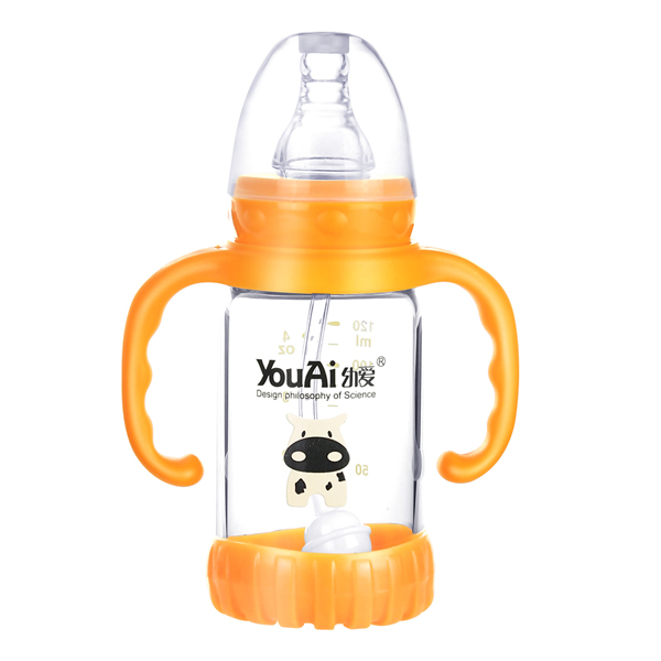 幼愛帶柄自動吸防摔感溫晶鉆玻璃標(biāo)口奶瓶120ml