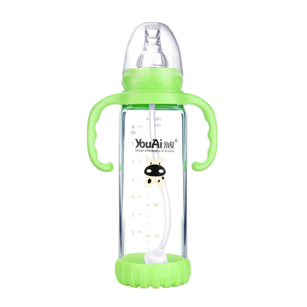 幼愛帶柄自動(dòng)吸防摔感溫晶鉆玻璃標(biāo)口奶瓶240ml