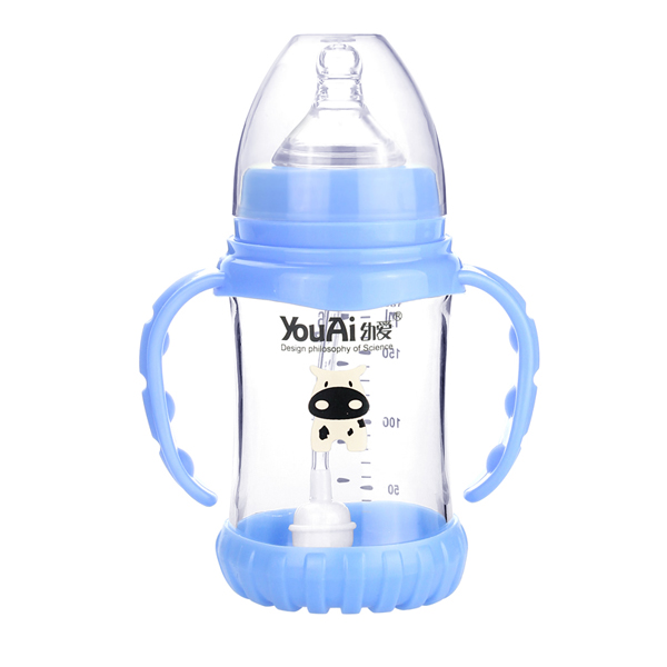 幼愛帶柄自動吸防摔感溫晶鉆玻璃寬口奶瓶180ml