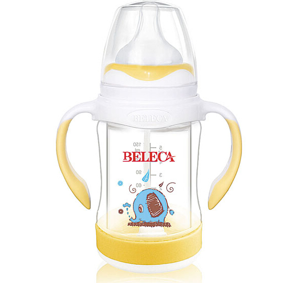 貝樂(lè)嘉包膠手柄兩用防爆奶瓶黃色