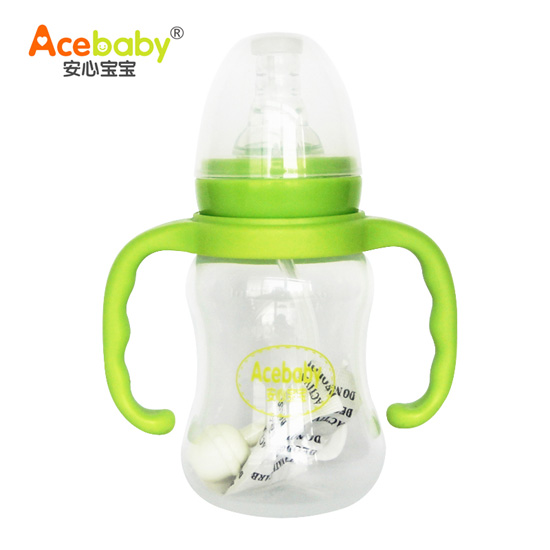 安心寶寶125ml標(biāo)口圓弧形雙耳自動PP奶瓶綠色手柄
