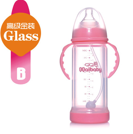 Q0愛寬口徑雙柄防爆晶鉆玻璃奶瓶240ML