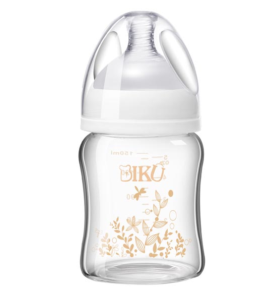 比酷熊嬰幼兒無手柄玻璃奶瓶白色