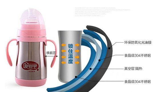 愛(ài)嬰寶雙層不銹鋼保溫奶瓶 帶吸管240m