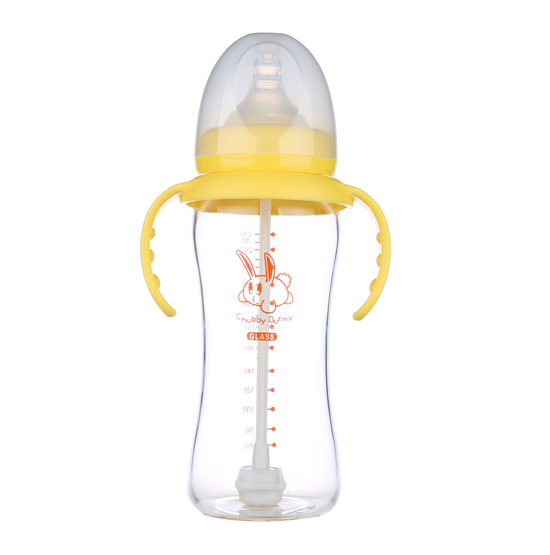 丘比兔玻璃寬口徑葫蘆型自動把手奶瓶280ML黃色