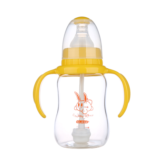 丘比兔標(biāo)準(zhǔn)口徑玻璃葫蘆型自動把手奶瓶120ML黃色