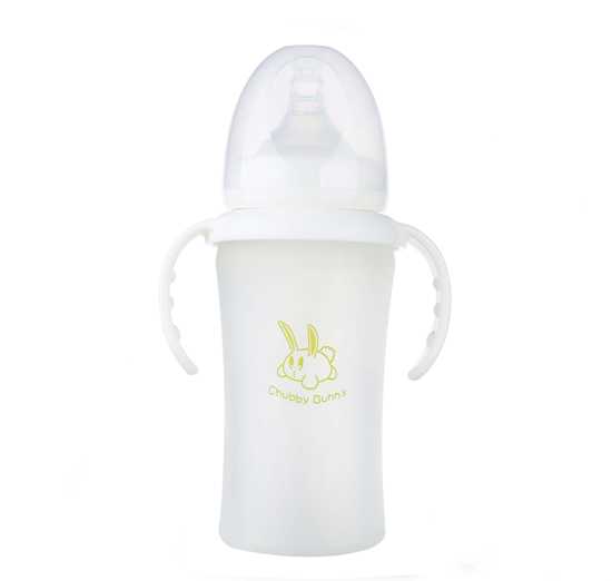 丘比兔硅膠寬口徑自動把手奶瓶白色