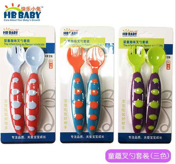 快樂(lè)小兔嬰兒童趣雙色叉勺組合2件套