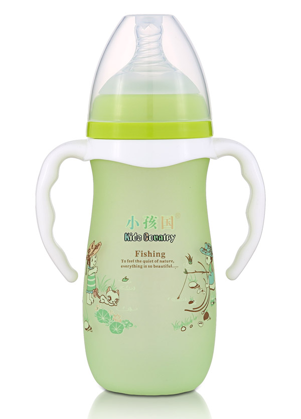 小孩國寬口硅膠感溫自動(dòng)玻璃奶瓶280ML 綠色