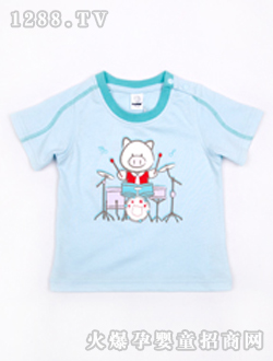 小豬班納淺藍色圓領(lǐng)短袖針織衫