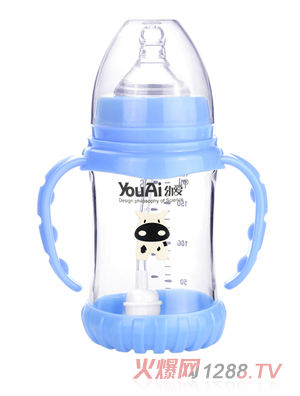 幼愛帶柄自動(dòng)吸防摔感溫晶鉆玻璃寬口奶瓶180ml