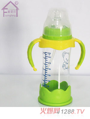 富嬰坊帶手柄寬口高硼硅玻璃奶瓶綠色