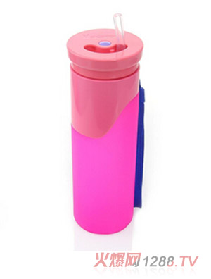 馬卡龍奶嘴硅膠內(nèi)膽折疊水杯 玫紅 吸嘴蓋 500ml