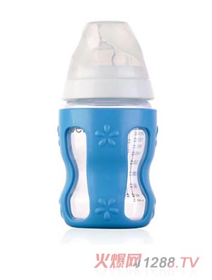 清素250ml寬口玻璃奶瓶（帶保護(hù)套+中流量奶嘴）-藍(lán)色